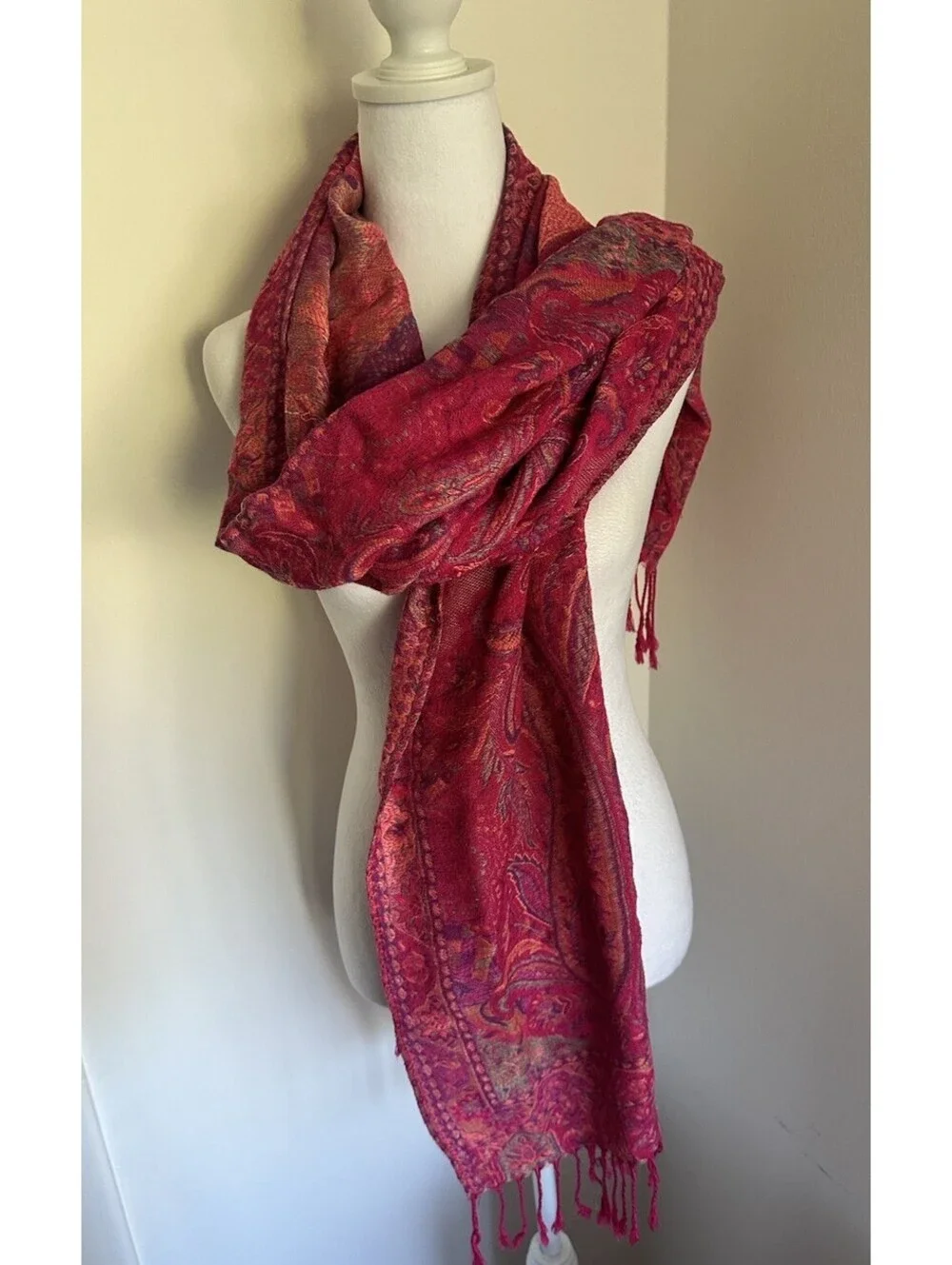 VTG Pink Paisley Pashmina Scarf Wrap Shawl Fringe Bohemian Boho Jacquard Warm